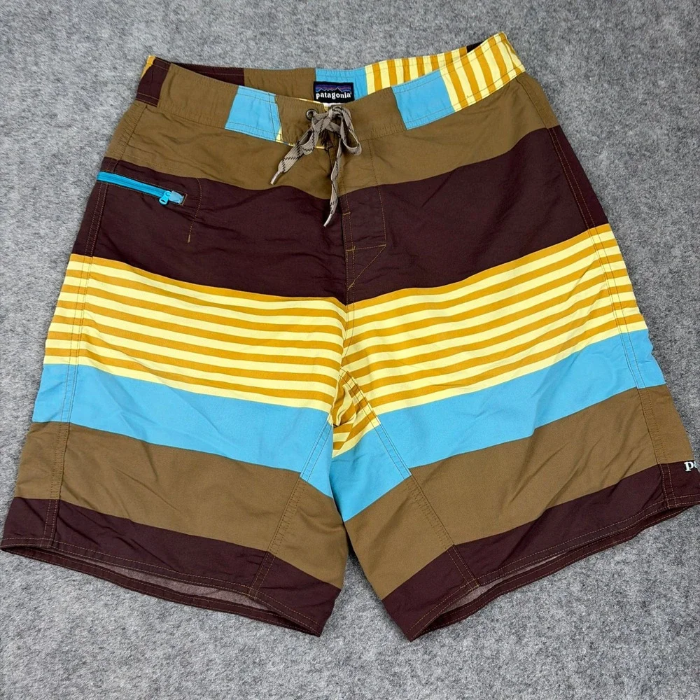 Patagonia Board Shorts Mens 32‎ Brown Blue Yellow Striped Swim Trunks Beach Surf